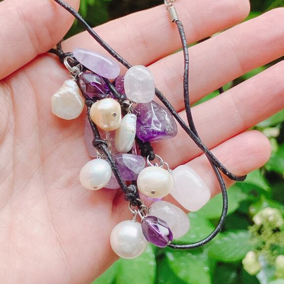 VTG Pendant Necklace 17" Gemstone Amethyst Rose Quartz Freshwater Pearl Cluster - Picture 8 of 14